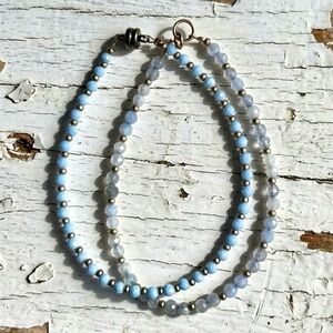 Set of 2 Faceted White Quartz, Matte Gold & Baby Blue Toned Bracelets